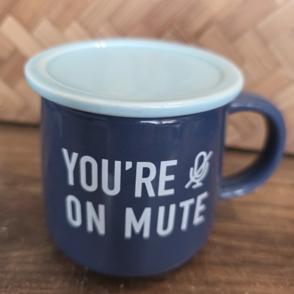 You're On Mute Coffee Mug Navy Blue & Light Blue Cup Saucer/Cover Earthenware